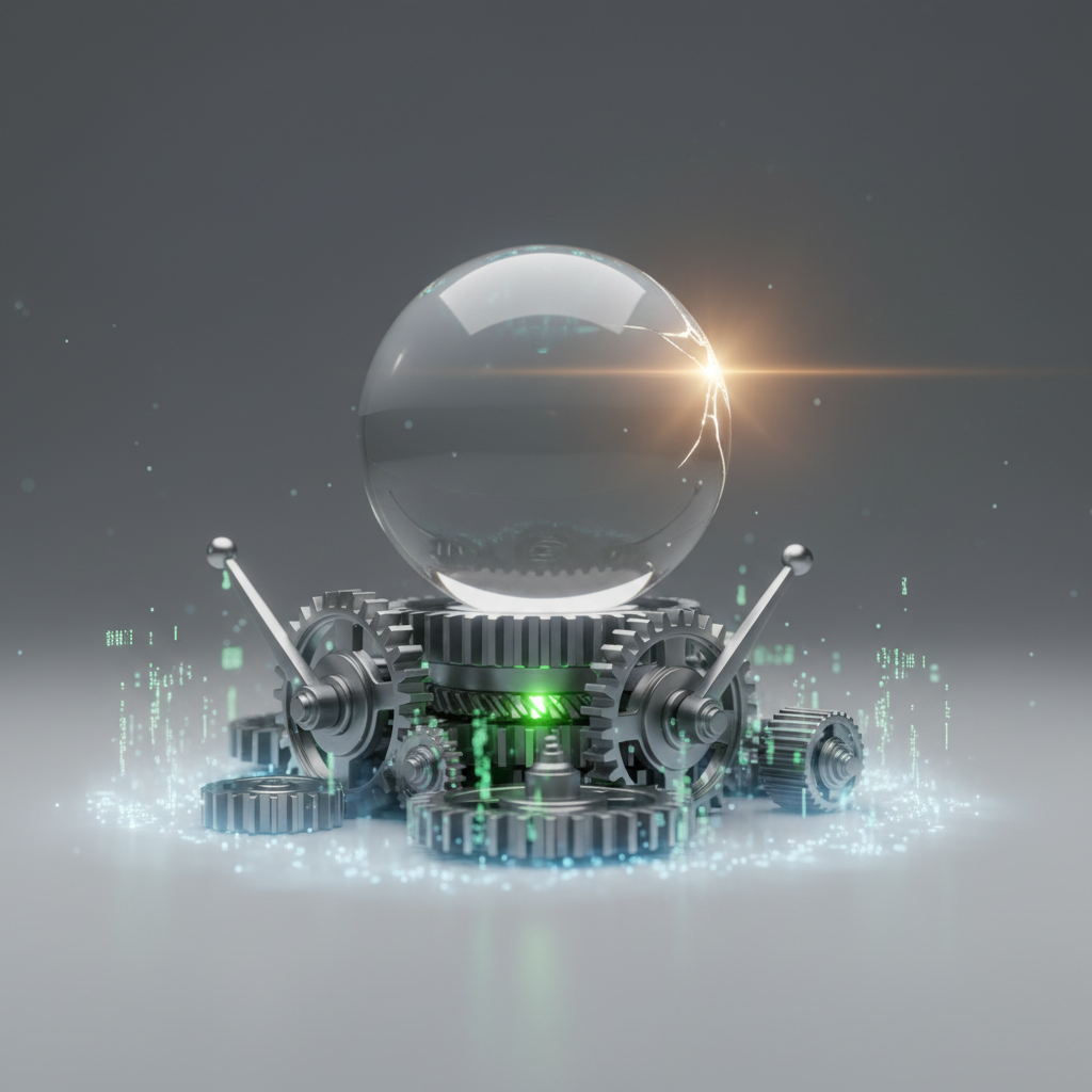 Metáfora visual del error común en entrevistas IA: esfera de cristal sobre engranajes