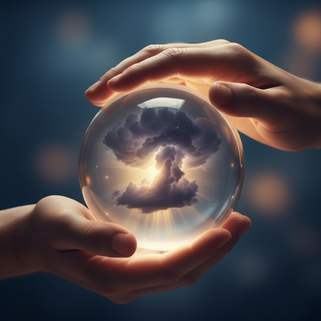 Representación visual de los errores psicológicos: manos sujetando una esfera de cristal con una tormenta en su interior y rayos de luz, simbolizando el autoconocimiento y la superación