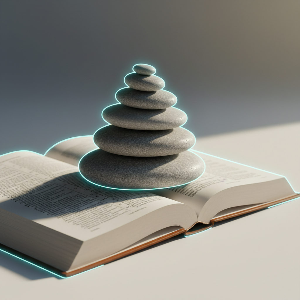 Polished stones stacked atop an English dictionary, symbolizing steady progress and clarity for ESL interview success.