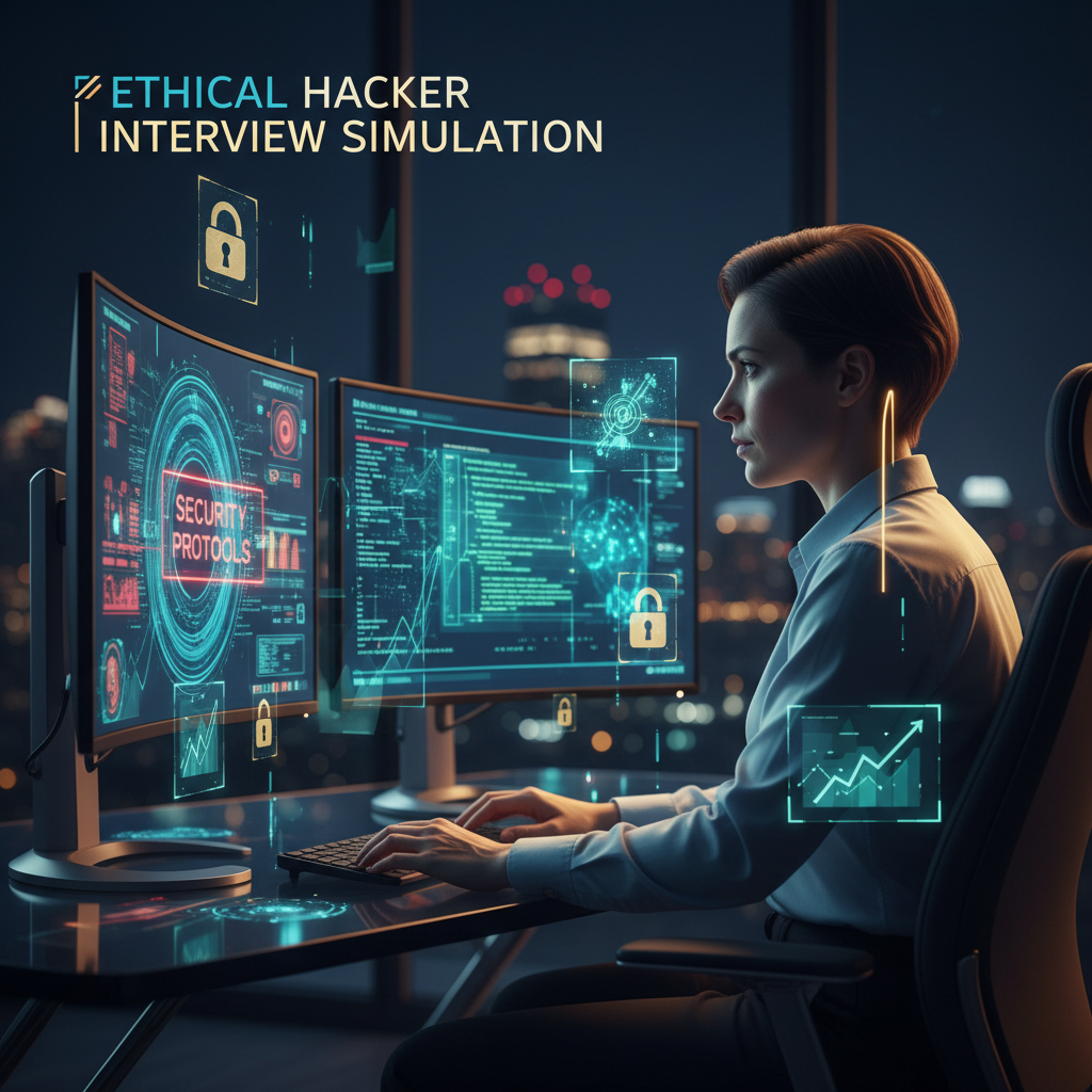 Photorealistic workspace of an ethical hacker preparing for an interview at night, with dual monitors and digital overlays