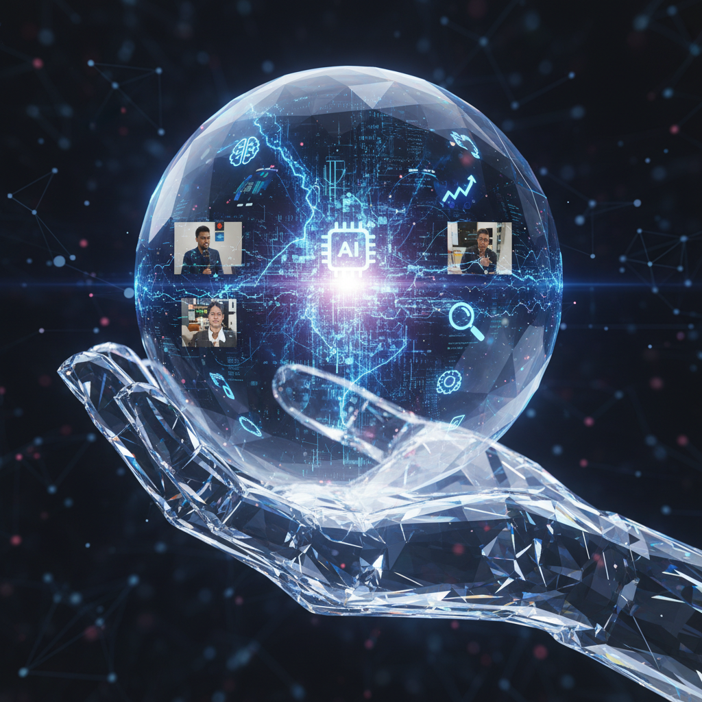 Mano cristalina sosteniendo orbe de datos: simboliza el scoring IA en entrevistas