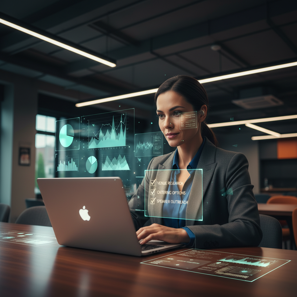 Event planner preparing for interview with AI tools and analytical overlays in a modern workspace