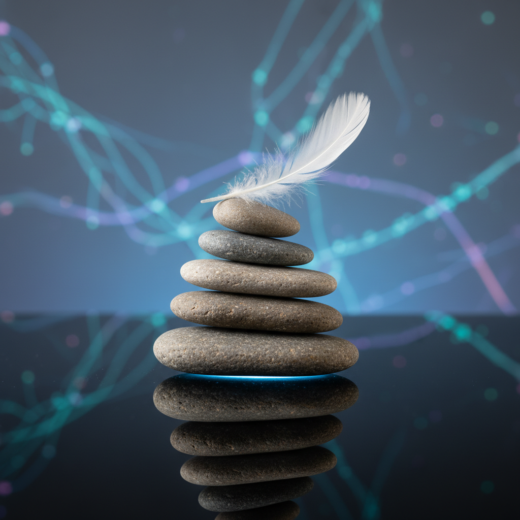 Balanced river stones and feather symbolize composure—core to executive presence