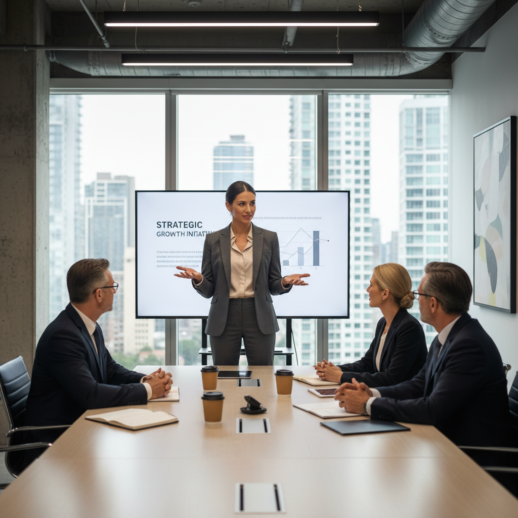 Confident executive-level candidate communicating with leadership in an interview
