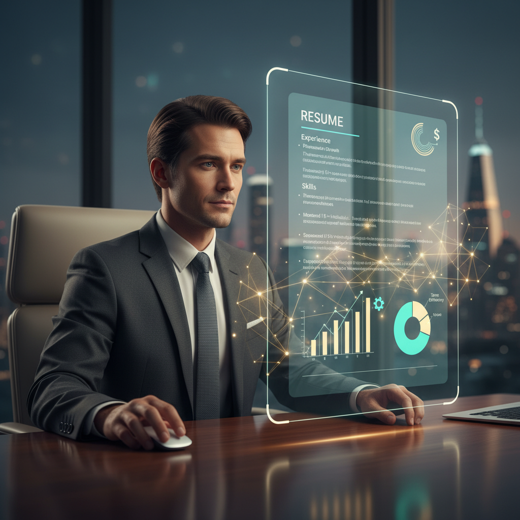 Executive reviewing data-driven resume, highlighting leadership achievements with analytical overlays