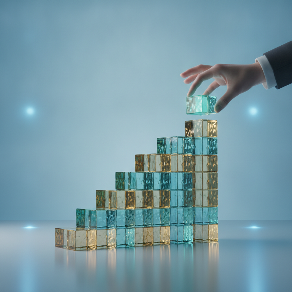 Bloques de cristal ascendentes simbolizando las expectativas salariales y la estrategia para negociar con éxito