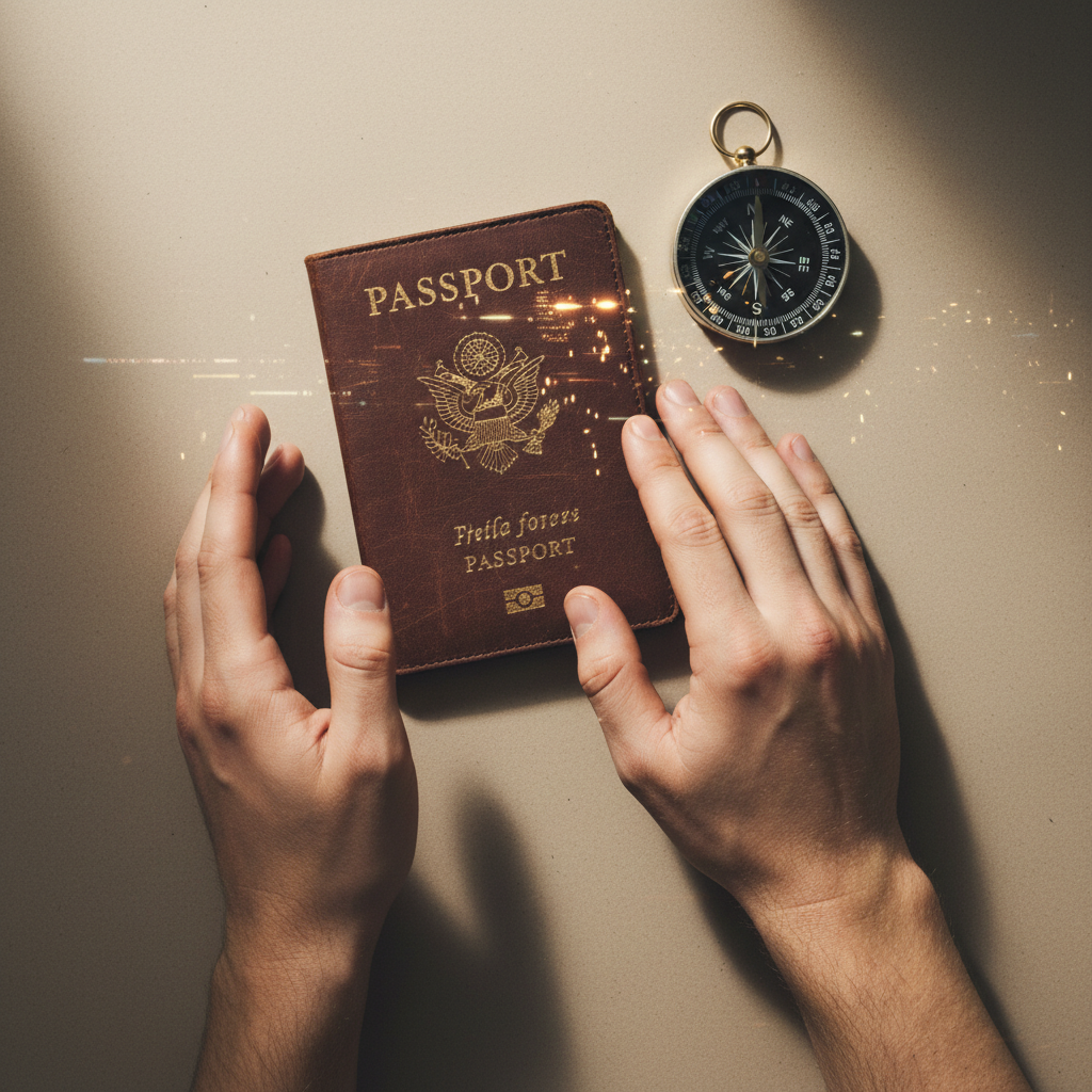 A composed job seeker with passport and compass, symbolizing readiness to discuss immigration status in interviews