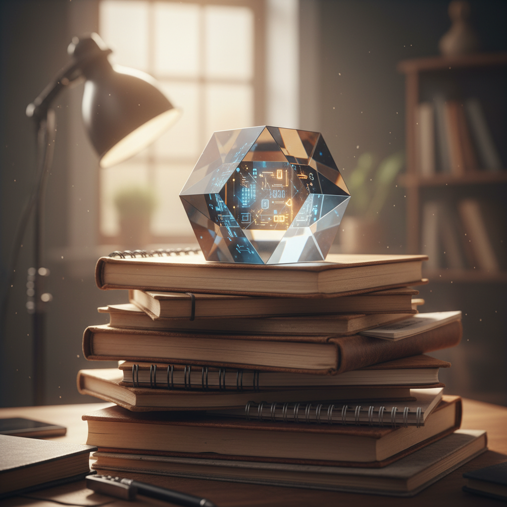 A close-up prism symbolizing clarity and AI skills atop notebooks