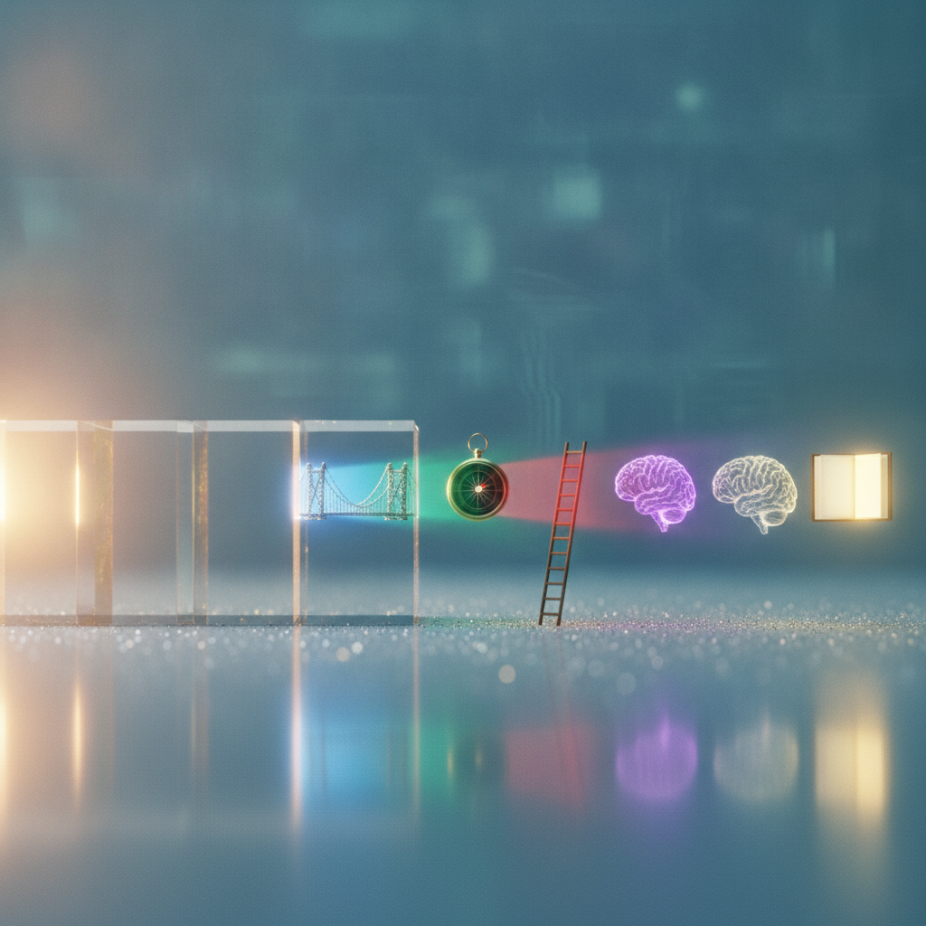Desglose visual de ideas complejas: Luz dorada que se divide en conceptos claros
