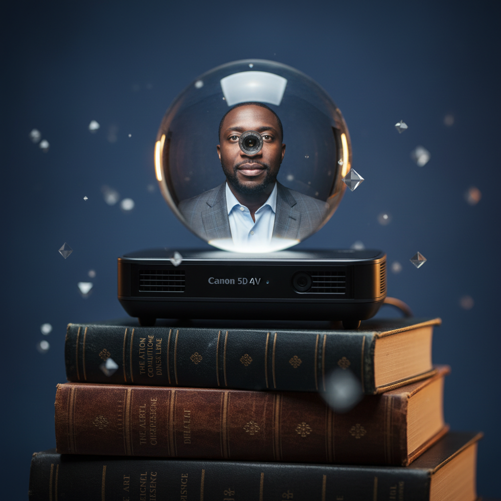 Intentional camera gaze for video interviews—symbolic photo of a webcam and reflection