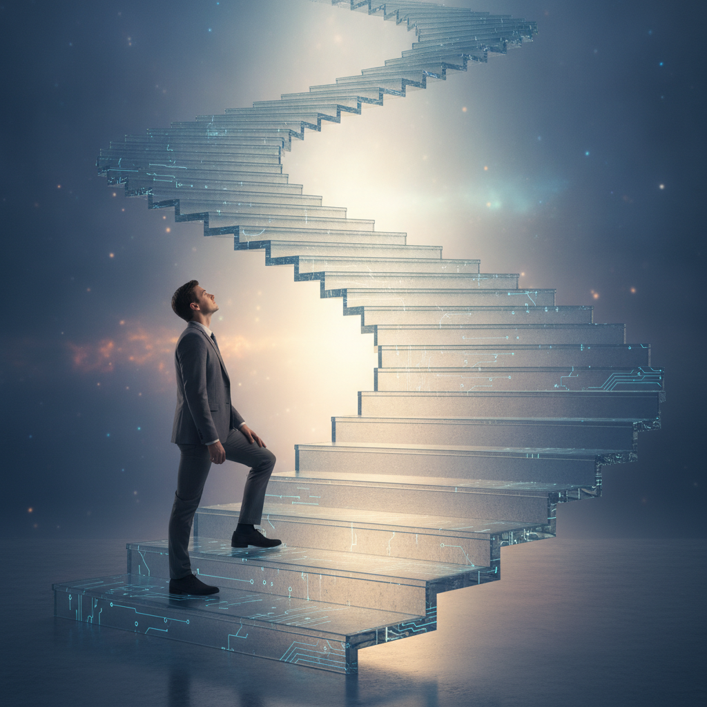 Ilustración persona ante una escalera digital iluminada, simbolizando la superación tras fallar entrevista IA