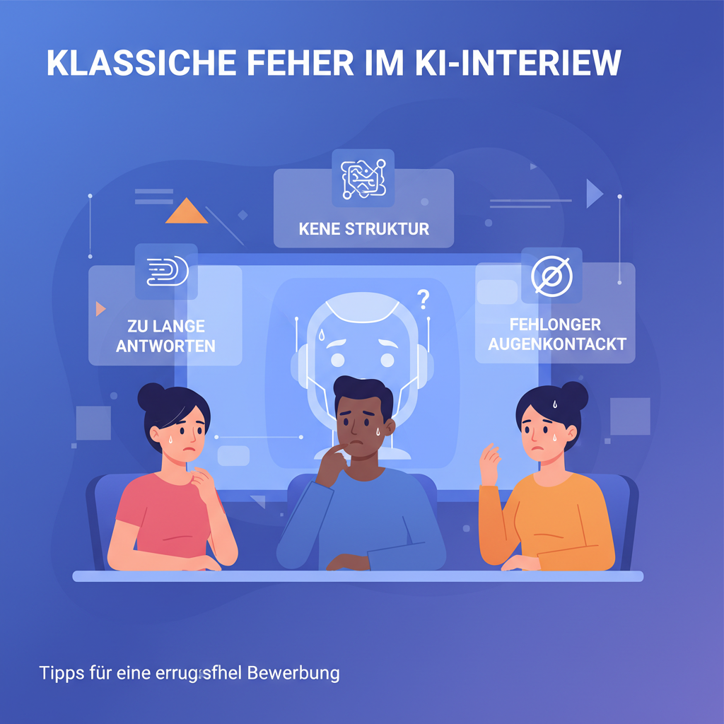 Typische Fehler im KI-Interview visualisiert mit Bewerbern und Fehlerhinweisen