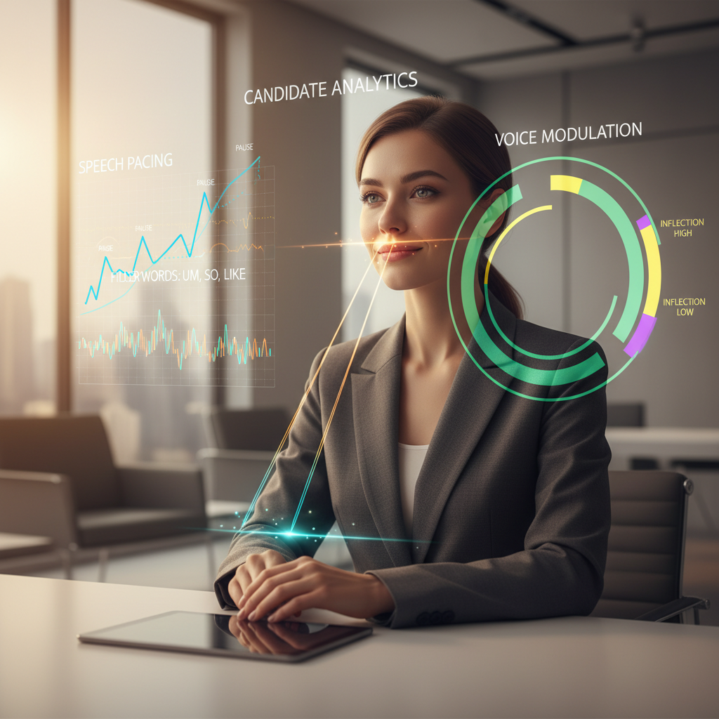 Job seeker in an interview room surrounded by holographic overlays analyzing filler words