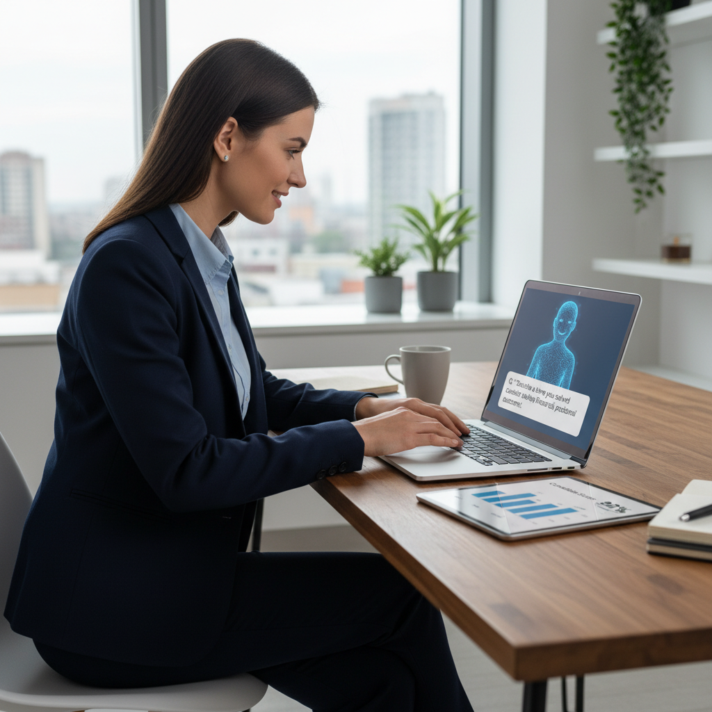Confident job seeker practicing finance interview with AI feedback on a laptop in a modern workspace