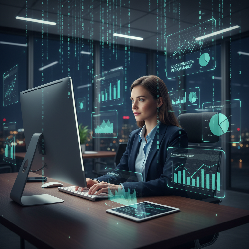 Financial analyst practicing for interview with floating AI feedback overlays in a modern office