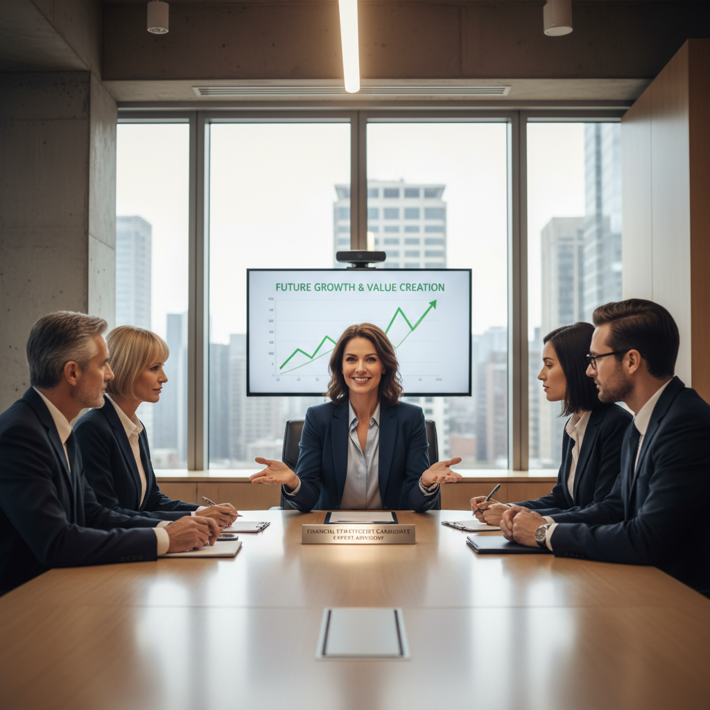 A confident financial advisor answering tough interview questions in a modern office, building trust and demonstrating value