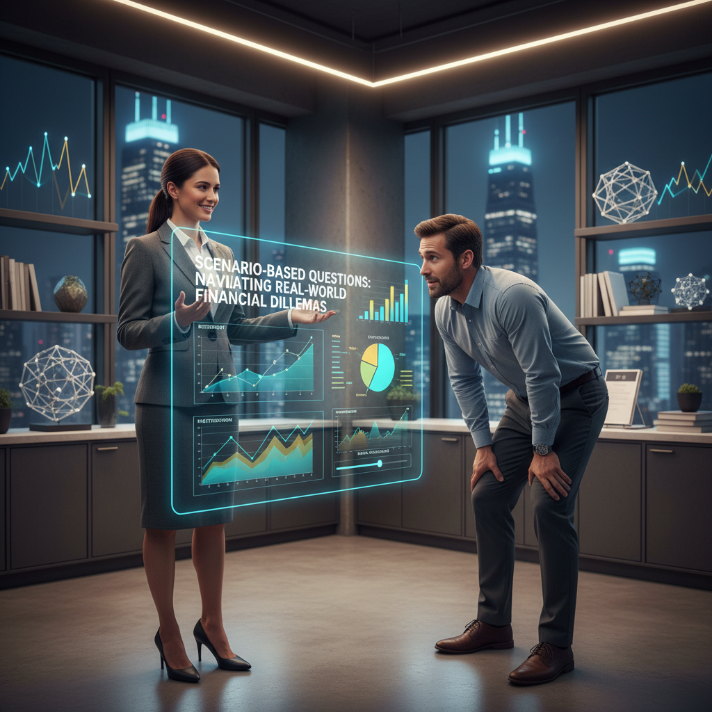 A financial planner guiding a client through a digital dashboard with charts and projections in a modern office