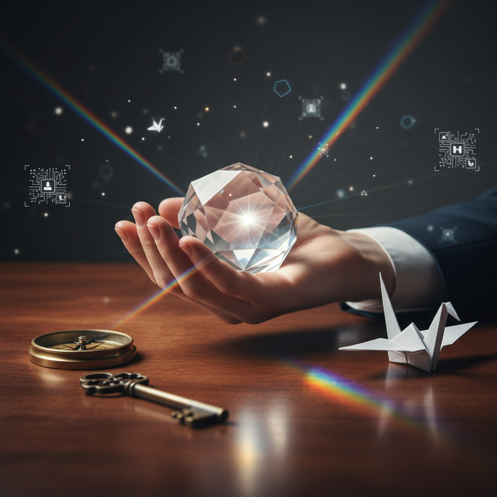 Open hand with prism and symbolic objects showing self-assessment of unique skills