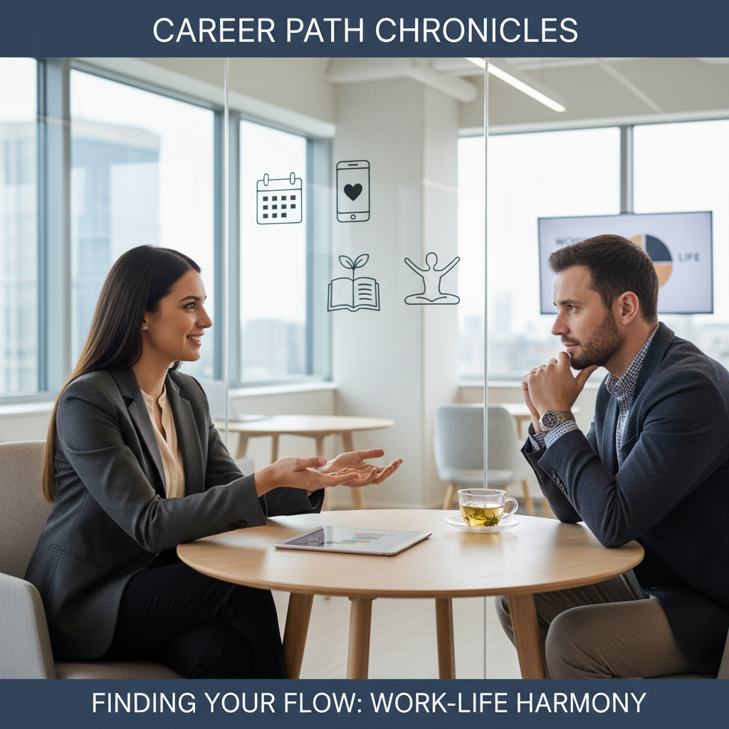 Candidate discussing work-life harmony in a job interview, digital calendar and wellness icons in background