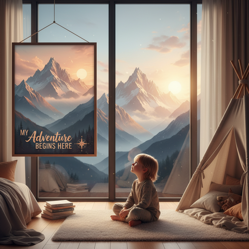 A young child gazes at a personalized poster in their sunlit big kid room, with a stunning mountain view outside the window – showing the power of personalized kids room decor.