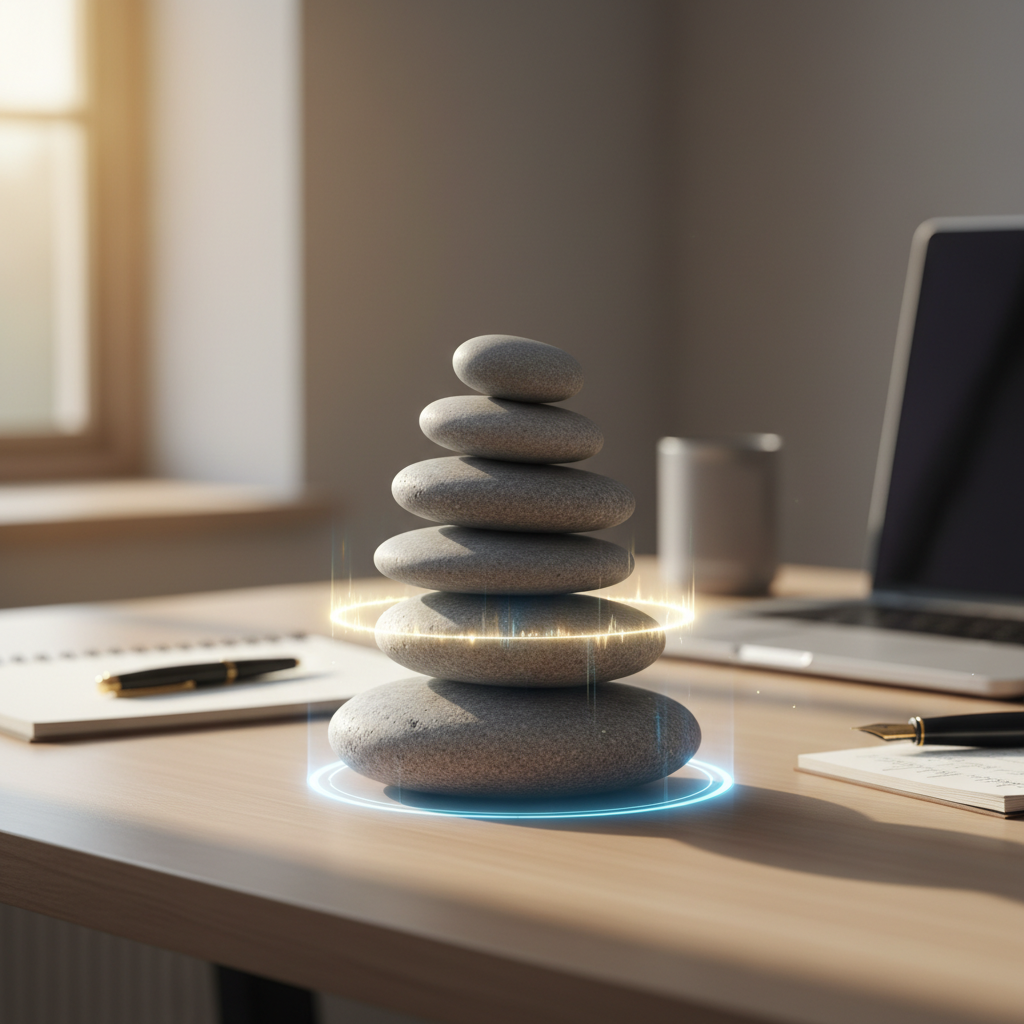 Balanced river stones with holographic AI glow, symbolizing readiness for first leadership role