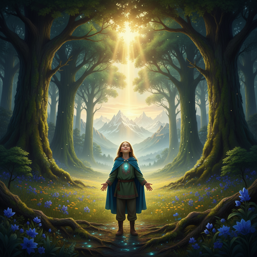 A young girl stands confidently in a sun-drenched forest glade, symbolizing how empowering gifts guide her leadership journey