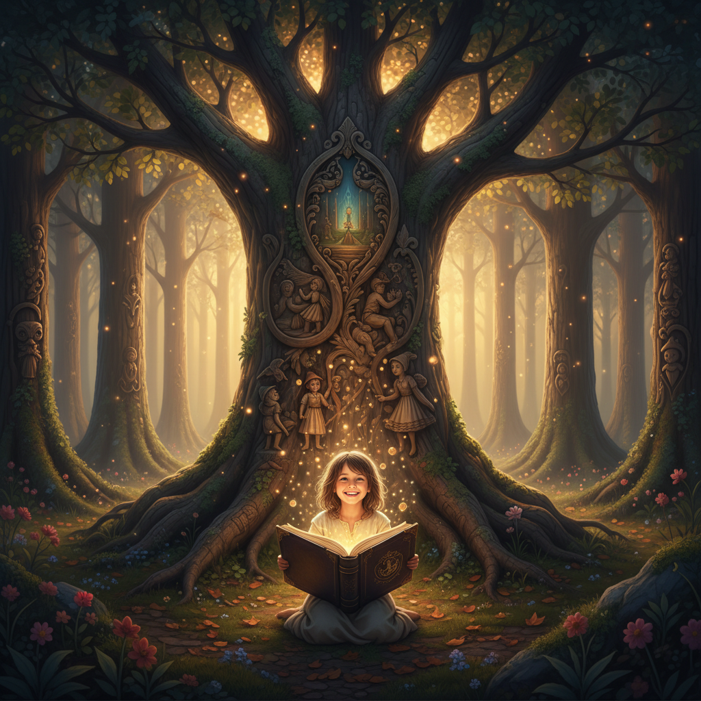 A child stands at the base of a storybook-shaped tree in a magical forest, holding a glowing book with tiny golden motes floating upwards. The scene symbolizes the transformative power of personalized gifts and storytelling.