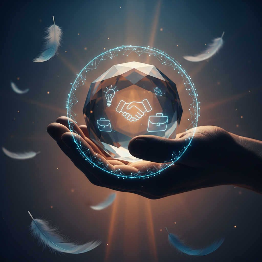 Mano abierta sosteniendo una esfera luminosa con iconos profesionales y plumas suaves representando fortalezas y humildad