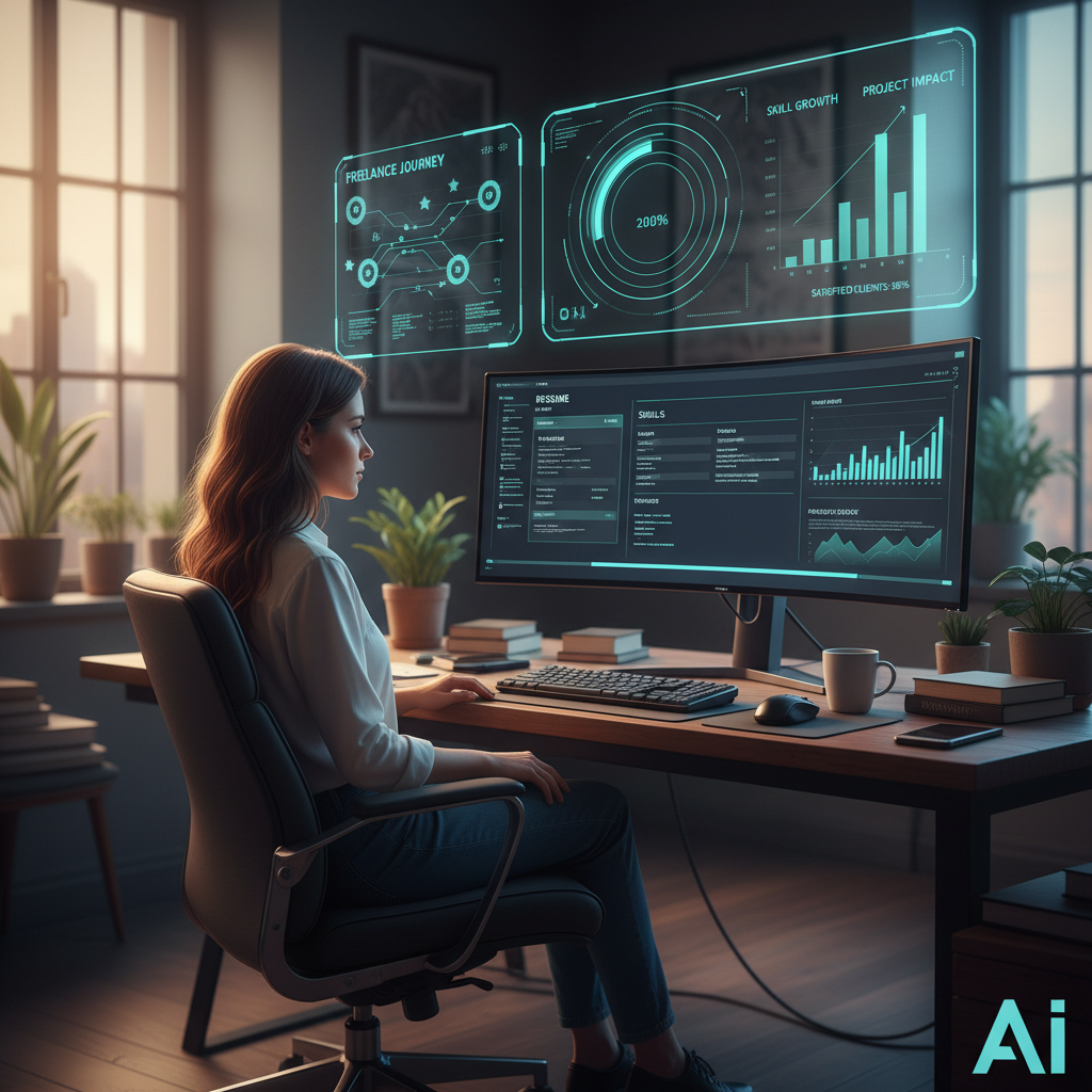 Freelancer reviewing digital resume with AI-powered visualizations
