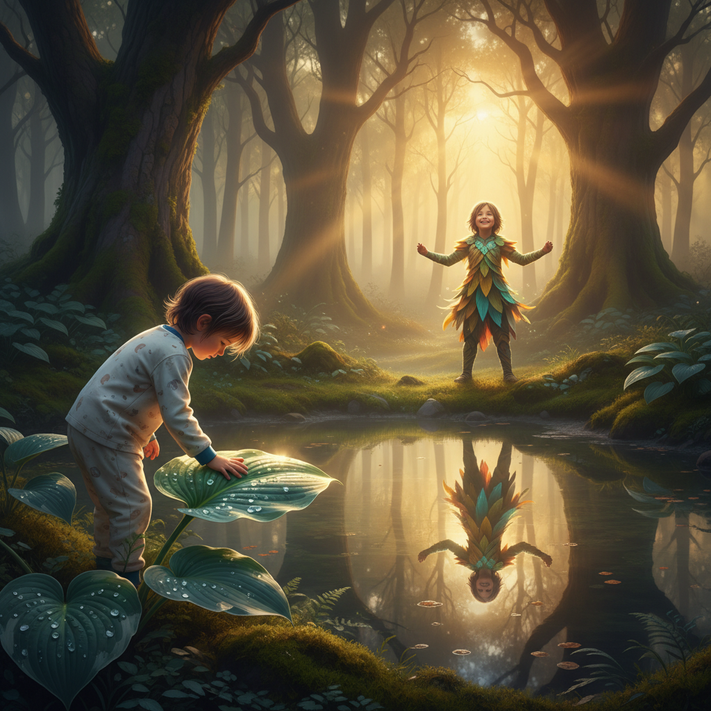 A shy child in pajamas touching a glowing leaf in a sunlit forest, their reflection standing tall and confident—symbolizing transformation through affirmations.