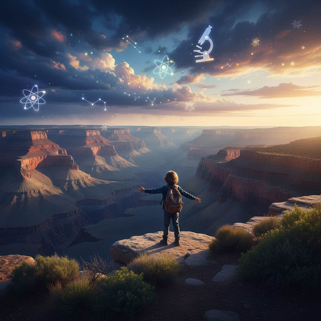 A hopeful child stands at the edge of a majestic canyon at sunset, the sky shimmering with artistic and scientific symbols, symbolizing vast dreams and unique potential