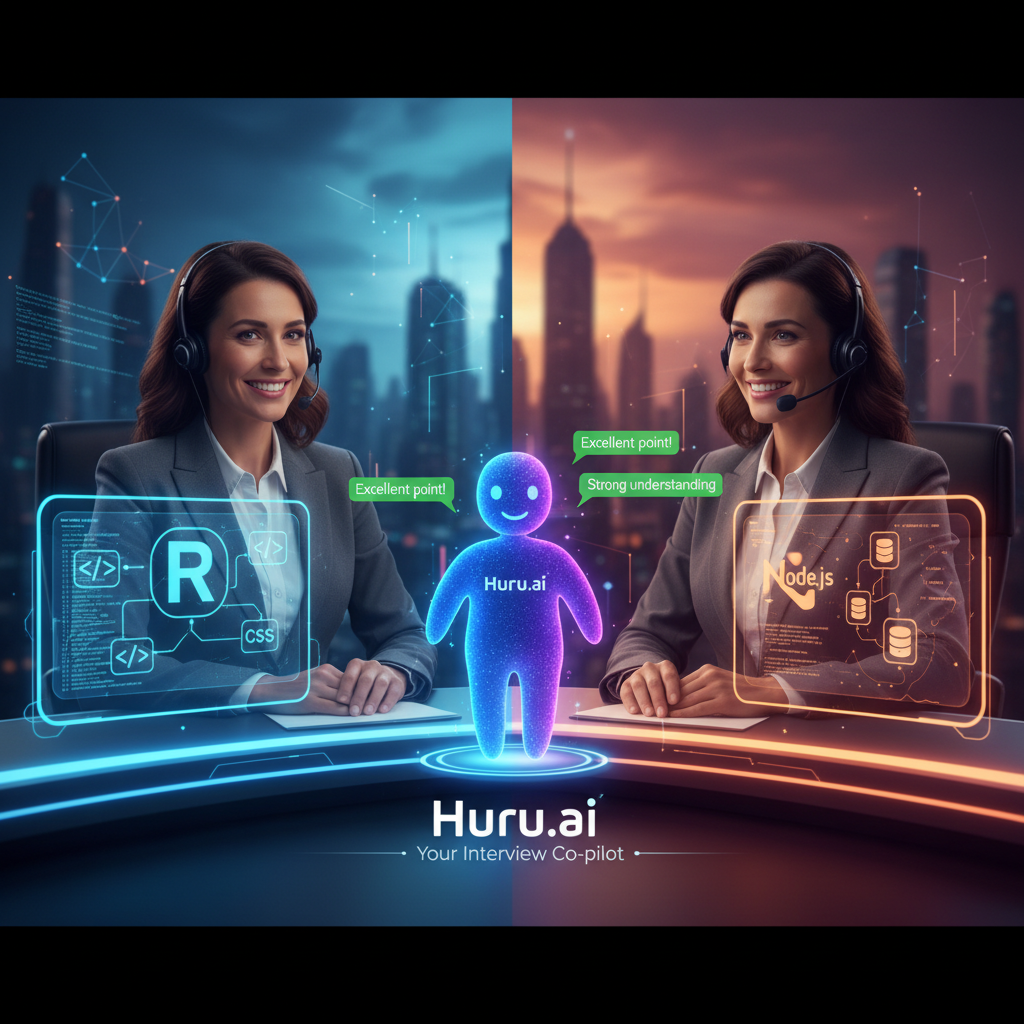 A confident candidate at a virtual interview desk, Huru AI assistant providing feedback, split between frontend and backend technologies