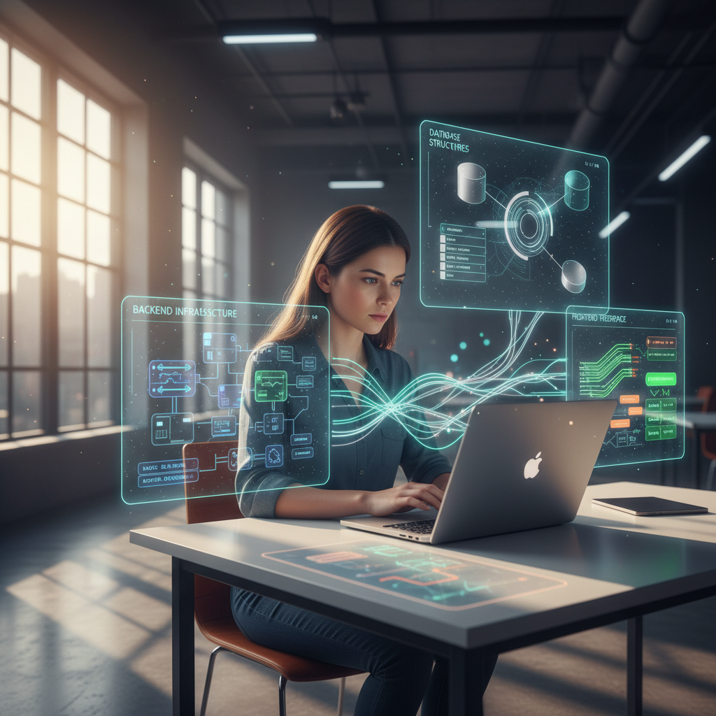 Job seeker mastering every layer of the full stack – backend, frontend, database – with analytic overlays and AI glow