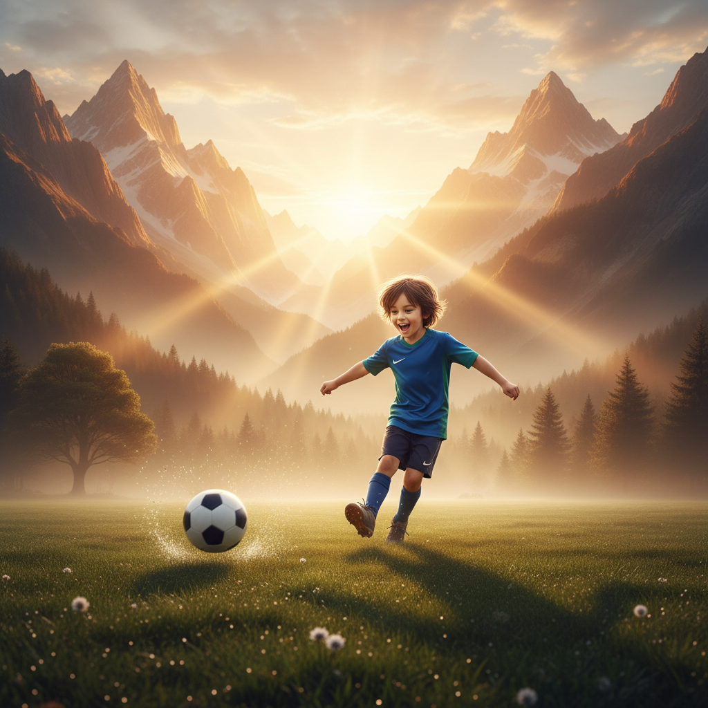 Child playing soccer at sunrise, radiating confidence and joy on a nature field