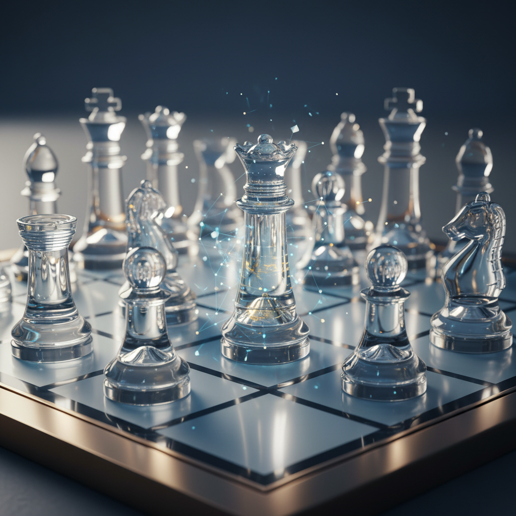 Glass chess pieces with AI glow, pawn transforming into queen, symbolizing career growth and innovative hiring