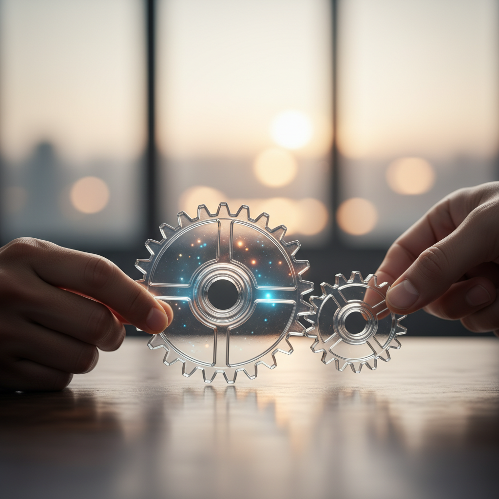 Interlocking transparent gears symbolizing future-proof, adaptable skills working together