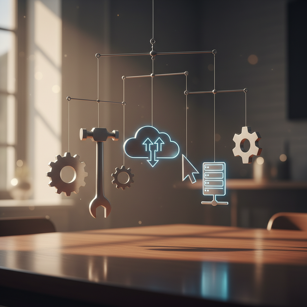 A metaphorical photo of balanced steel and glass mobile sculpture representing the balance of skills and technology in hiring