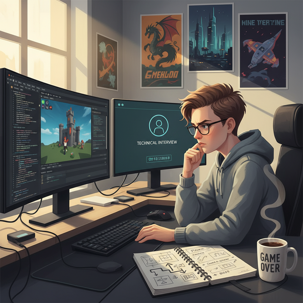 Game developer practicing for a technical interview with dual monitors, game engine, and code in a vibrant, modern workspace