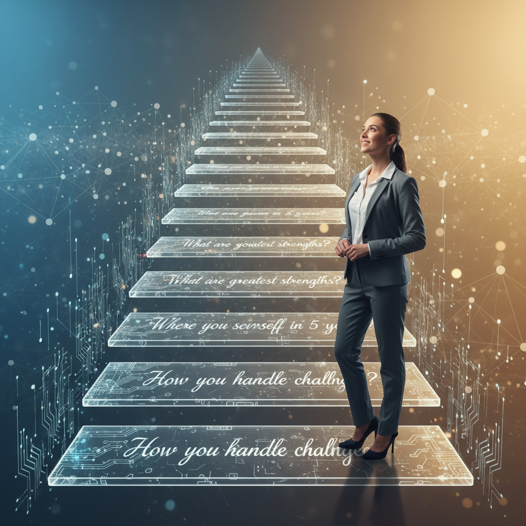 Un candidat prêt à gravir les marches de l’entretien grâce à des questions IA personnalisées