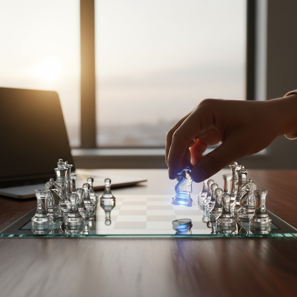A glass chessboard, a hand moving a glowing glass knight representing strategic AI-driven job search moves