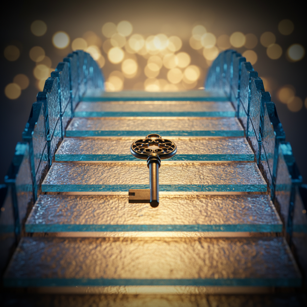 A polished key rests on a glowing glass bridge, symbolizing forging new opportunities without connections