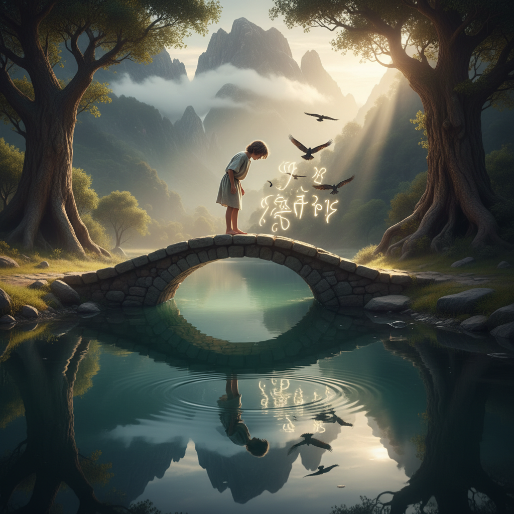 A shy child standing on a glowing bridge over a serene lake, gazing at their reflection with courage symbols beneath the surface