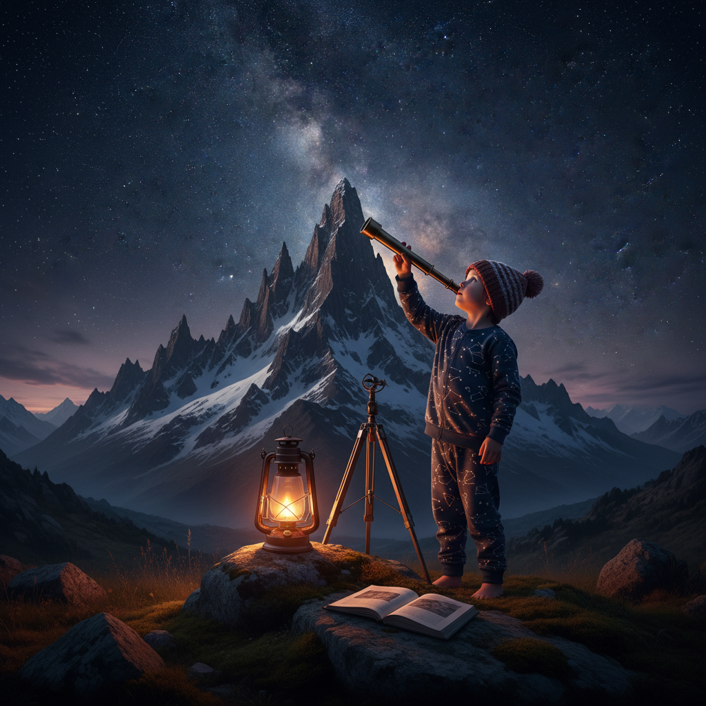 A child in pajamas pointing a telescope at the stars from a mountain peak, symbolizing the thrill of discovery in space-themed gifts for kids.
