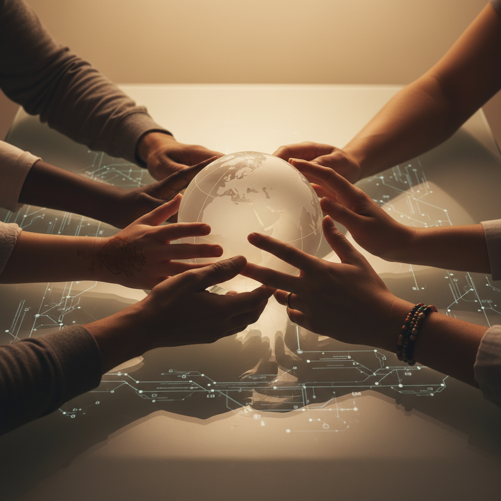 Hands of different ethnicities supporting a globe, symbolizing cross-cultural collaboration and global mindset in the workplace