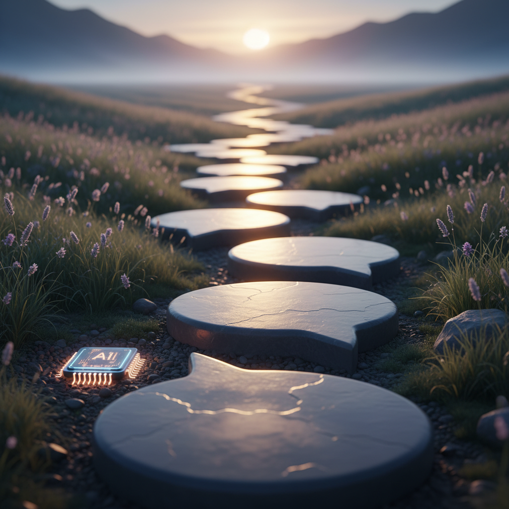 A metaphorical journey of mastering Google behavioral interviews, symbolized by a stone path of speech bubbles and a glowing AI chip