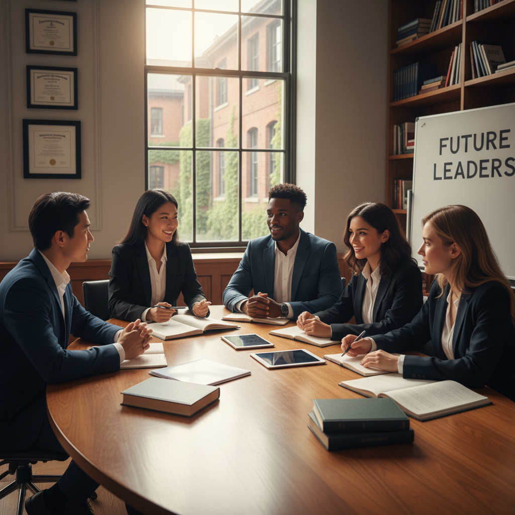 A diverse group of recent graduates in a grad school interview, showing confidence and positive body language to an admissions panel