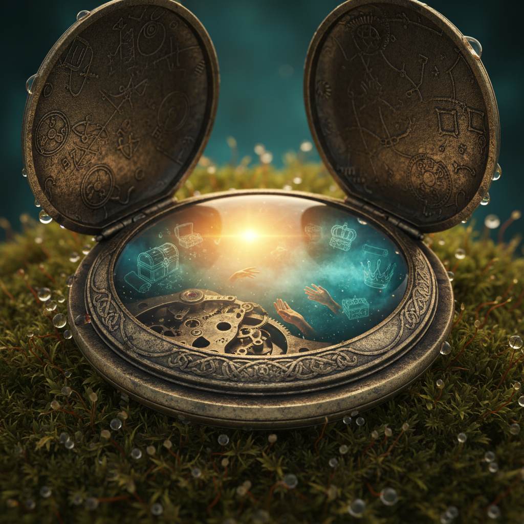 A close-up of an engraved pocket watch on moss, reflecting a dreamlike world, symbolizing gifts and legacies enduring through time.