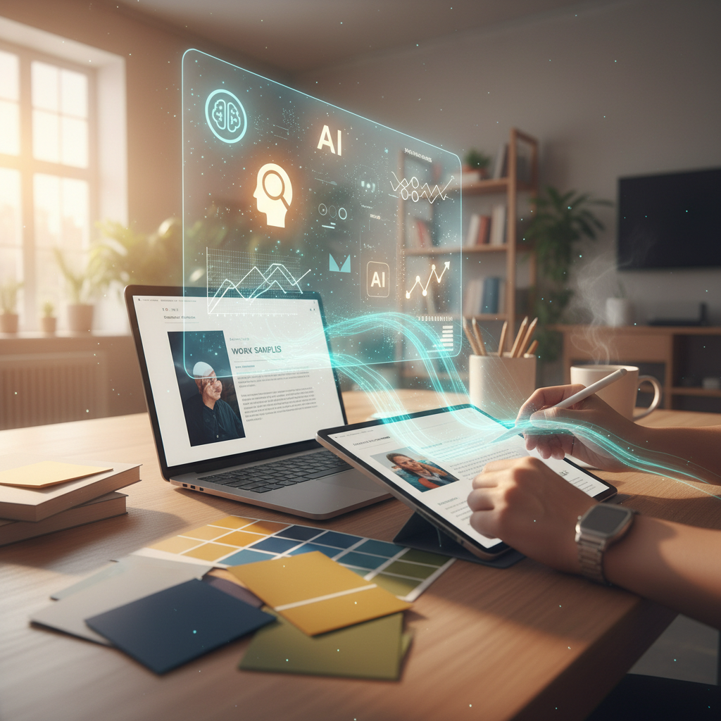 A designer refining their portfolio with AI feedback overlays at a sunlit workspace