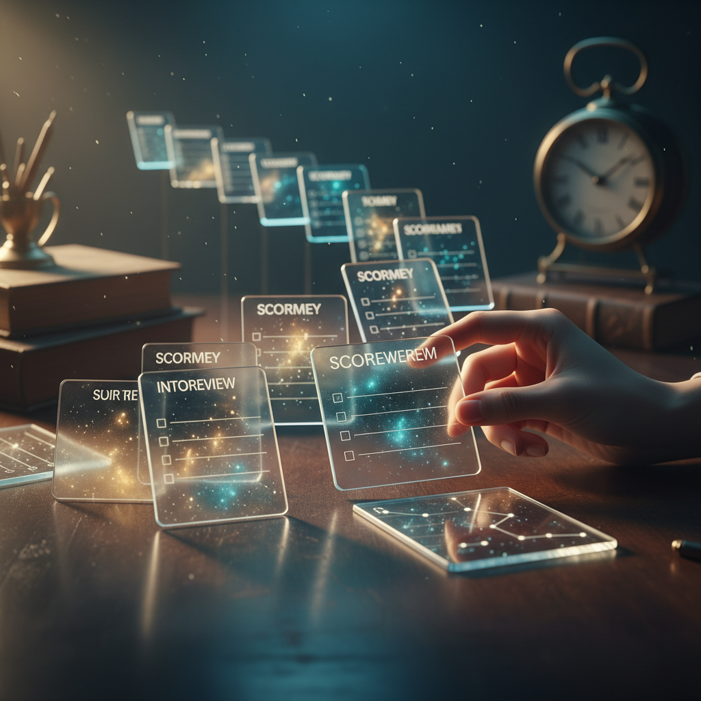 Scorecards alignées sur un bureau, symbolisant la clarté d'une grille d'évaluation d'entretien
