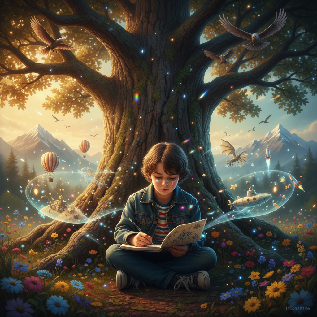 Second grader in an enchanted forest, sketching ideas, surrounded by the wonders of nature and symbols of imagination